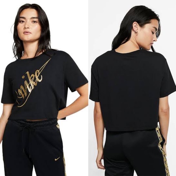 Nike ➰ BNWT ladies black glitter front logo short sleeve crop M - Picture 3 of 4